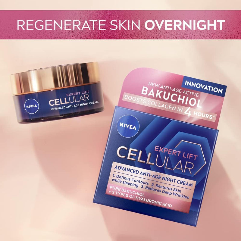 NIVEA Cellular Expert Lift Anti-Age Night Cream (50ml), Anti-Wrinkle Night Cream with Pure Bakuchiol, Night Face Cream Containing Hyaluronic Acid, Night Cream for Women Greenwize