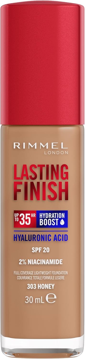 Rimmel Lasting Finish 35Hr Foundation 303 Honey, Full Coverage, Hydrating, SPF20, Hyaluronic Acid, Vitamin E, 2% Niacinamide, All Day Wear, Vegan, Cruelty Free Greenwize