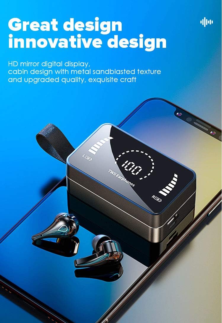 E TWS H3 In Ear Wireless Gaming Earbuds with Powerbank, Noise Cancelling Bluetooth 5.0 Headphones for Music, Sports and Calls, LED Display Mirror Metal Charging Case, IPX7 Waterproof, Black Greenwize