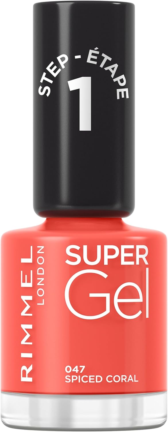 Rimmel Super Gel, 047 Spiced Coral, Long-Lasting Nail Polish, Glazed Finish, Easy Application, Gel-like Manicure, Chip Resistant, Clean Formula, 12ml Rimmel