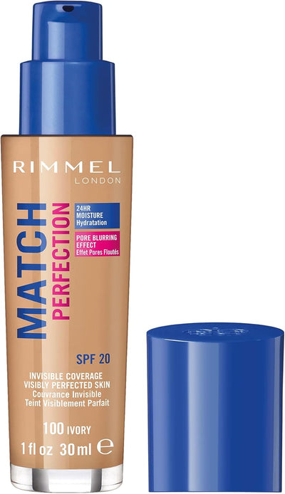 Rimmel Match Perfection Foundation 100 Ivory, Medium Coverage, 24hr Hydration, No Caking or Creasing, Lightweight, Reduces Imperfections, Invisible Coverage, SPF20, Cruelty Free Rimmel