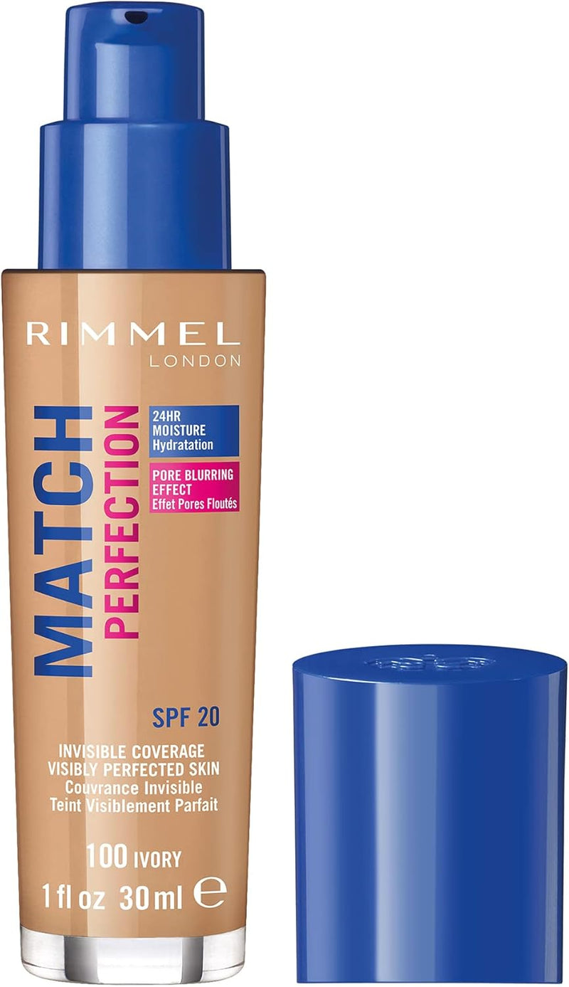 Rimmel Match Perfection Foundation 100 Ivory, Medium Coverage, 24hr Hydration, No Caking or Creasing, Lightweight, Reduces Imperfections, Invisible Coverage, SPF20, Cruelty Free Rimmel