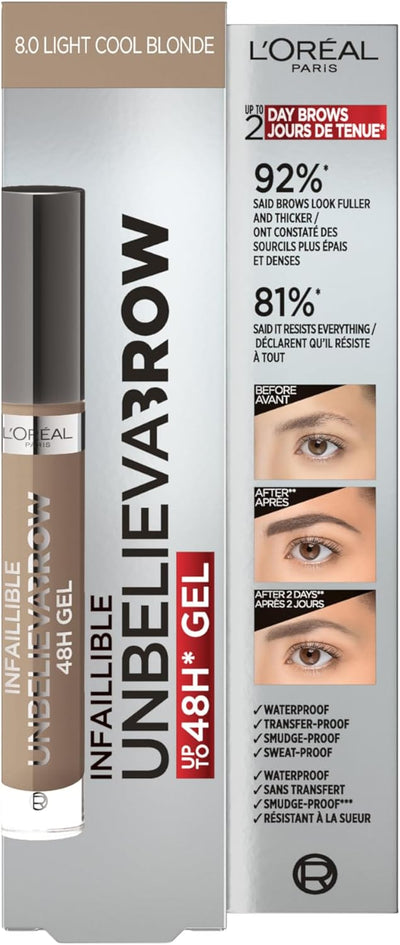 L'Oreal Paris UnbelievaBrow Long-Lasting Eyebrow Gel, Smudge-Proof, Transfer-Proof, Waterproof, 102 Cool Blonde, 1 Count (Pack of 1) Greenwize