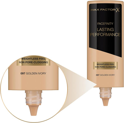 Max Factor Lasting Performance Liquid Foundation, 097 Golden Ivory, Full Coverage, Flawless and Radiant Finish, Lightweight Formula, Smudge Resistant, Non Pore-Clogging, Fragrance Free, 35ml Max Factor