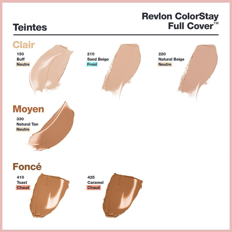 Revlon ColorStay Full Cover Longwear Matte Foundation, Heat & Sweat Resistant Lightweight Face Makeup, Sand Beige (210), 30ml Revlon