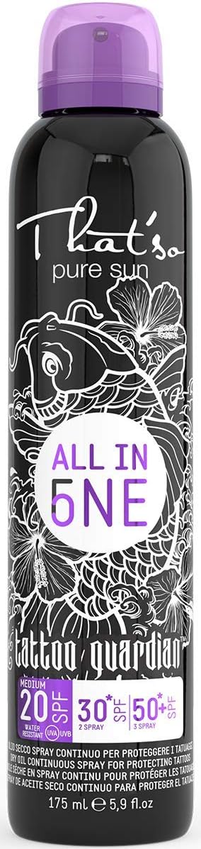Sun protection spray for tattoo, That'so, all in one buildable SPF 20, 30, 50, transparent That's so