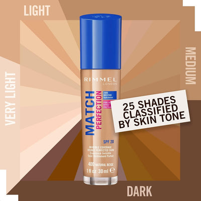 Rimmel Match Perfection Foundation 400 Natural Beige, Medium Coverage, 24hr Hydration, No Caking or Creasing, Lightweight, Reduces Imperfections, Invisible Coverage, SPF20, Cruelty Free Rimmel