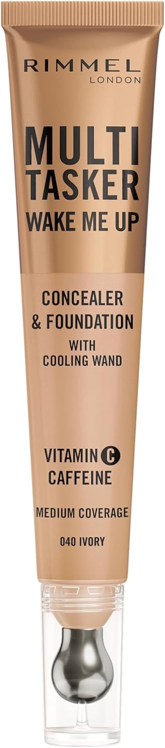 Rimmel Multi-Tasker Wake Me Up Foundation & Concealer 040 Ivory, Depuffs & Brightens Dark Circles, Metallic Cooling Applicator, Caffeine & Victamin C, 2% Niacinamide, Vegan, Cruelty free Rimmel