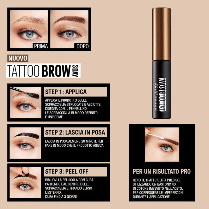 Maybelline New York Tattoo Brow Peel Off Eyebrow Gel Tint, Semi-Permanent Colour, Waterproof, Lasts up to 3 Days, Colour: Medium Brown Greenwize