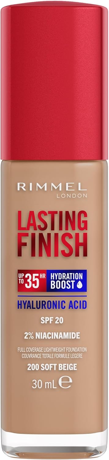 Rimmel Lasting Finish 35Hr Foundation 200 Soft Beige, Full Coverage, Hydrating, SPF20, Hyaluronic Acid, Vitamin E, 2% Niacinamide, All Day Wear, Vegan, Cruelty Free Rimmel