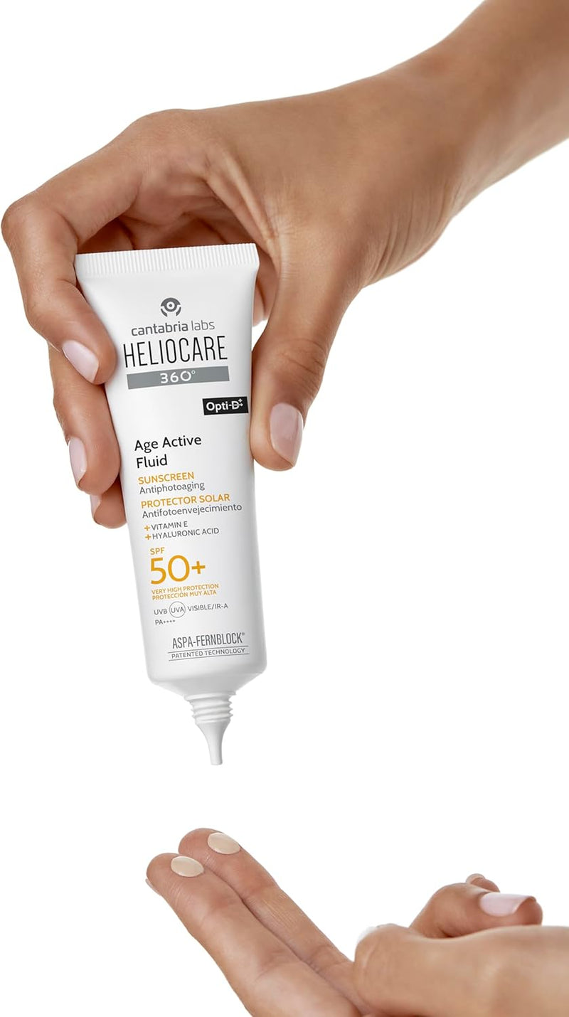 Heliocare 360° Age Active Fluid, SPF50 Sun Cream with Fernblock+® Technology to Protect Against UVA, UVB, isible Light aVnd Infrared A-Rays, Anti-Ageing, Water and Sweat Resistant, Vegan (50ml) Heliocare