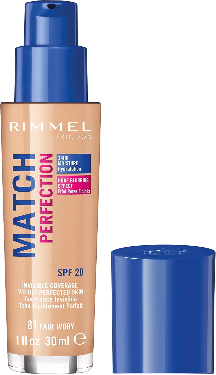 Rimmel Match Perfection Foundation 081 Fair Ivory, Medium Coverage, 24hr Hydration, No Caking or Creasing, Lightweight, Reduces Imperfections, Invisible Coverage, SPF20, Cruelty Free Rimmel