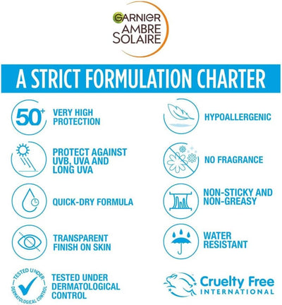 Garnier Ambre Solaire SPF 50+ Sensitive Advanced Sun Protection Serum Face & Body with Ceramide, High Protection UVB UVA, Non-Sticky, No White Cast, Water-Resistant, Fragrance Free 125ml Greenwize