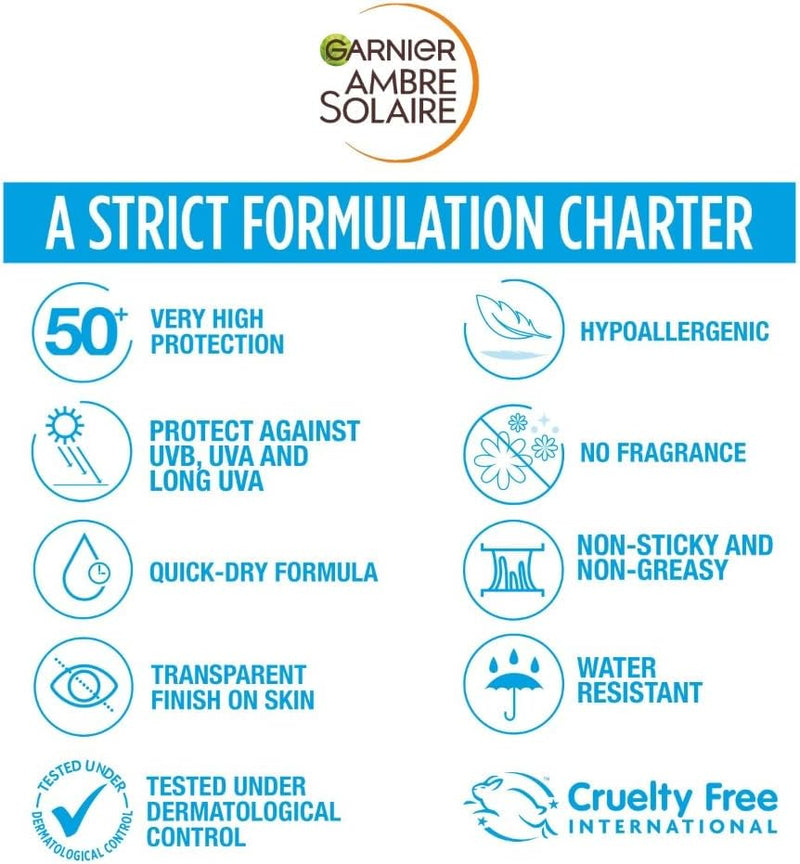 Garnier Ambre Solaire SPF 50+ Sensitive Advanced Sun Protection Serum Face & Body with Ceramide, High Protection UVB UVA, Non-Sticky, No White Cast, Water-Resistant, Fragrance Free 125ml Greenwize