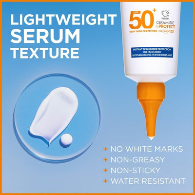 Garnier Ambre Solaire SPF 50+ Sensitive Advanced Sun Protection Serum Face & Body with Ceramide, High Protection UVB UVA, Non-Sticky, No White Cast, Water-Resistant, Fragrance Free 125ml Greenwize