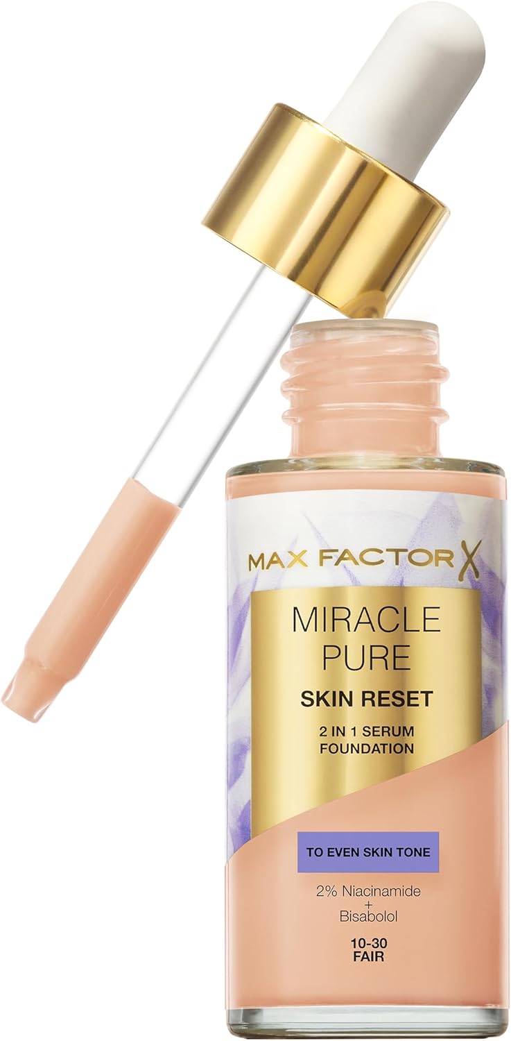 Max Factor Miracle Pure Skin Reset Serum Foundation 10-30 Fair, 2-in-1 Serum Formula, Healthy Looking Skin, Medium Coverage, Satin Matte Finish, 2% Niacinamide, Dermatologically Tested Max Factor