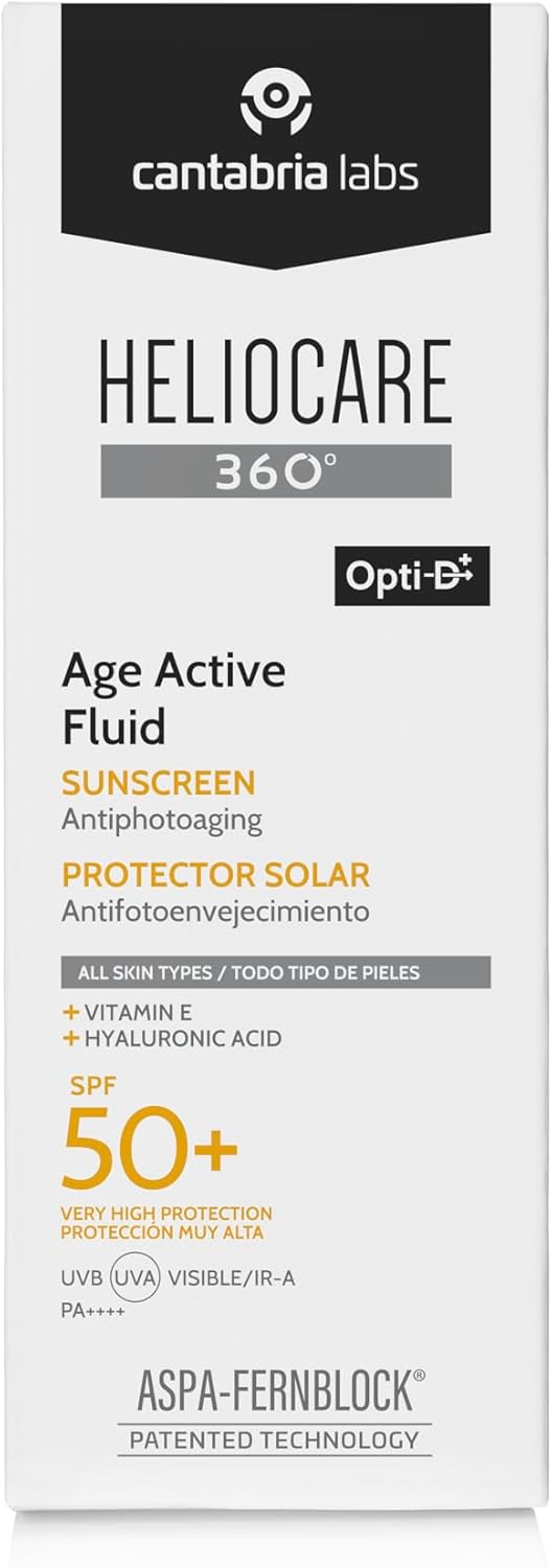 Heliocare 360° Age Active Fluid, SPF50 Sun Cream with Fernblock+® Technology to Protect Against UVA, UVB, isible Light aVnd Infrared A-Rays, Anti-Ageing, Water and Sweat Resistant, Vegan (50ml) Heliocare