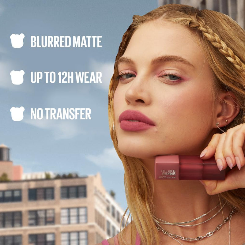 Maybelline New York Super Stay Teddy Tint, Up To 12 Hour Blurred Matte, Plush Comfort, Longwear, Transferproof, Vegan, 8 Buildable Lip Shades Maybelline