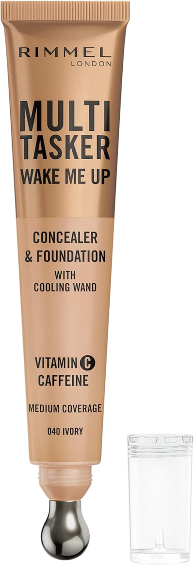 Rimmel Multi-Tasker Wake Me Up Foundation & Concealer 040 Ivory, Depuffs & Brightens Dark Circles, Metallic Cooling Applicator, Caffeine & Victamin C, 2% Niacinamide, Vegan, Cruelty free Rimmel
