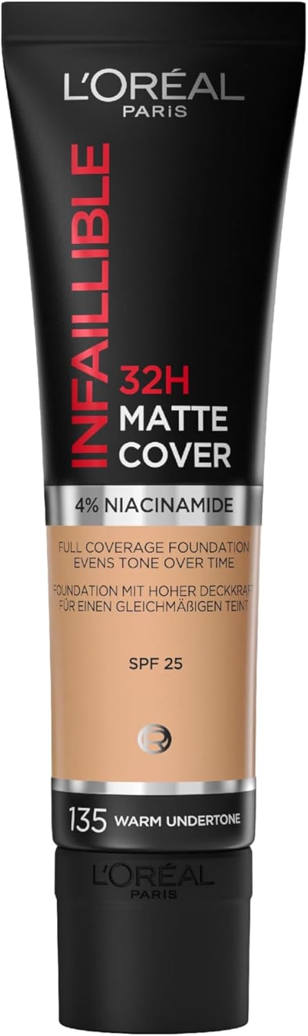 L'Oreal Paris Cover Liquid Foundation, With 4% Niacinamide, Long Lasting, Natural Finish, Available In 20 Shades, Spf 25, Infallible 32H Matte Cover, Shade 135, 30Ml Greenwize