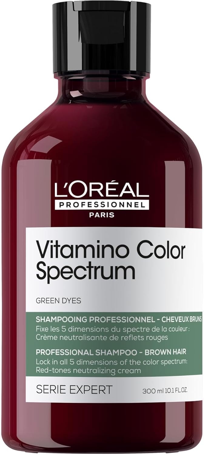 L'Oréal Professionnel Vitamino Color Spectrum Green Tinted Shampoo 300ml, For Dark Brown Coloured Hair, With Ferulic Acid + Citric Acid, Neutralise Undesired Red Undertones Loreal Professional
