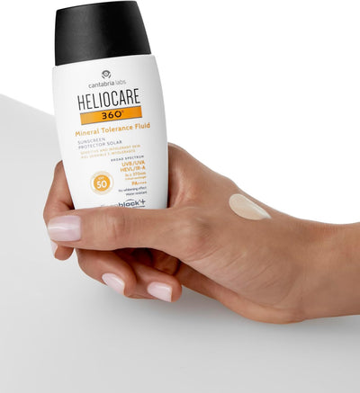 Heliocare 360 Mineral Tolerance Fluid SPF50 50ml / Mineral Sunscreen For Face/Daily UVA UVB Visible Light and infrared-A Hypoallergenic Sun Protection/Silky Transparent Finish, White Greenwize