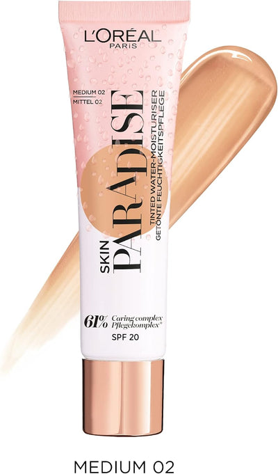 L'Oreal Paris Skin Paradise Tinted Moisturiser, Up to 24h hydration, SPF20, 02 Medium, 0.039 kg Greenwize