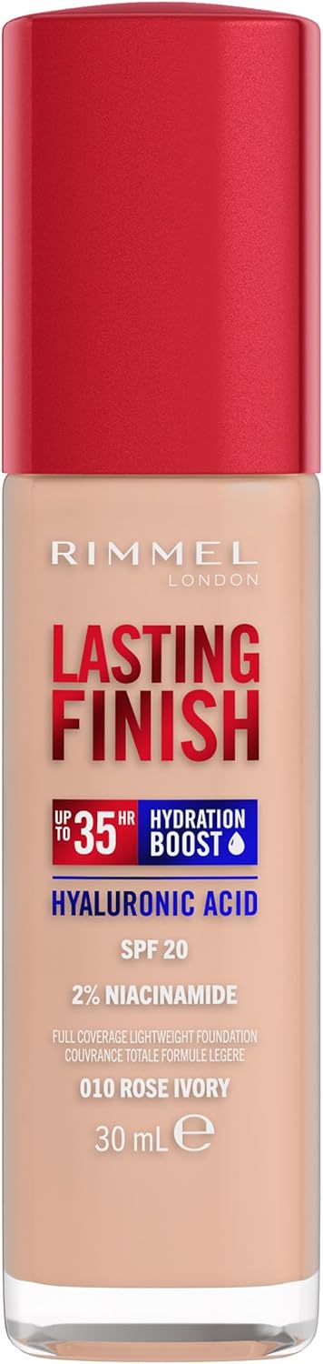 Rimmel Lasting Finish 35Hr Foundation 010 Rose Ivory, Full Coverage, Hydrating, SPF20, Hyaluronic Acid, Vitamin E, 2% Niacinamide, All Day Wear, Vegan, Cruelty Free Rimmel
