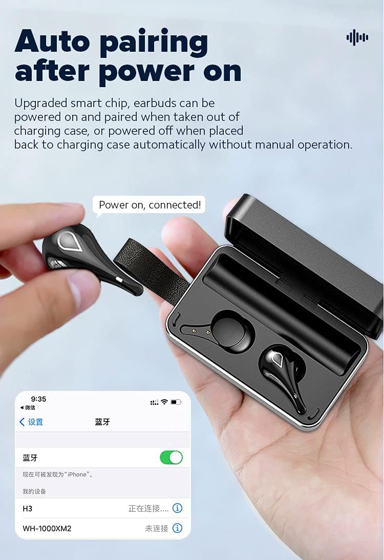 E TWS H3 In Ear Wireless Gaming Earbuds with Powerbank, Noise Cancelling Bluetooth 5.0 Headphones for Music, Sports and Calls, LED Display Mirror Metal Charging Case, IPX7 Waterproof, Black Greenwize