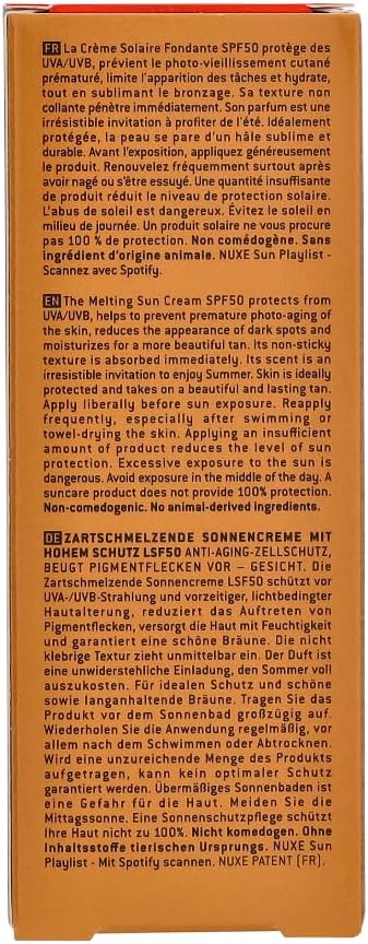 Nuxe Sun Melting Sun Cream SPF 50, 50ml, Broad-Spectrum Face & Body Sunscreen, Protects from UVA/UVB Rays & Enhances Tan, With Patented Filter System, Vegan Formula Greenwize