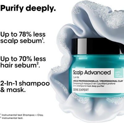L'Oréal Professionnel Scalp Advanced, Professional Clay Anti-Oiliness 2-in-1 Deep Purifier Shampoo and Hair Mask, For Oily and Greasy Hair, Serie Expert, 250ml Greenwize