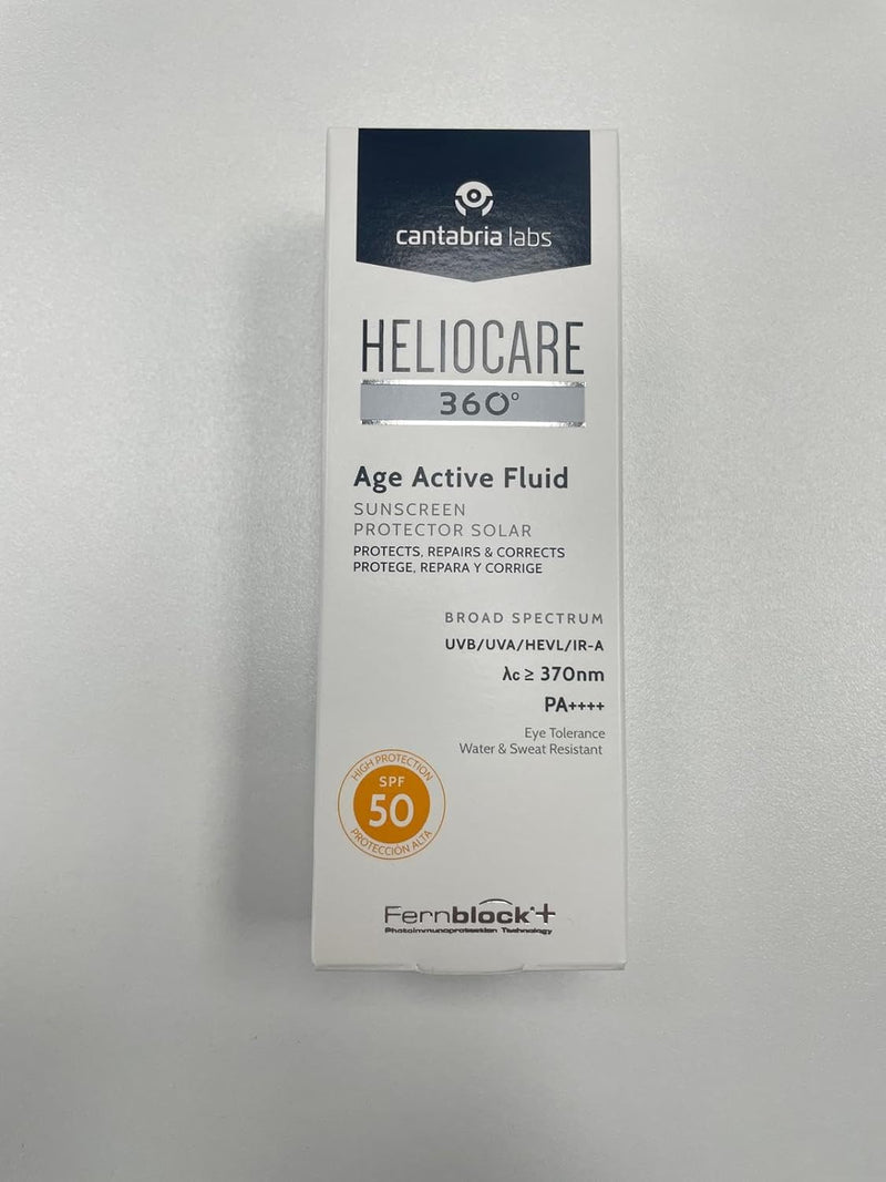 Heliocare 360° Age Active Fluid, SPF50 Sun Cream with Fernblock+® Technology to Protect Against UVA, UVB, isible Light aVnd Infrared A-Rays, Anti-Ageing, Water and Sweat Resistant, Vegan (50ml) Heliocare