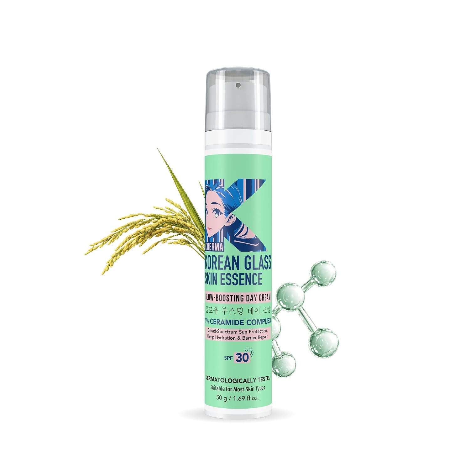 Dr. Rashel Korean Glass Skin Essence Day Cream 50ml with 1% Ceramide, Rice Water & Niacinamide, SPF 30 Hydrating & Brightening Moisturizer Dr. Rashel
