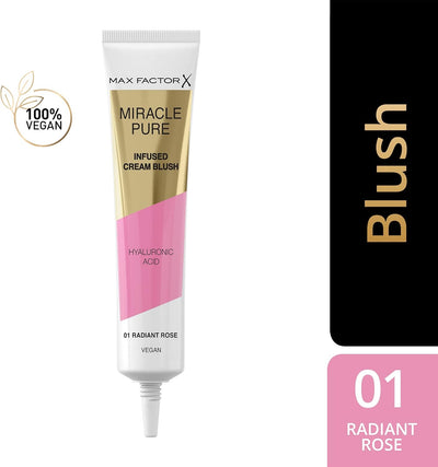 Max Factor Miracle Pure Cream Blush 01 Radiant Rose, Moisturising, Plumps & Hydrates, Buildable Glow, Infused with Hyaluronic Acid & Squalene, Fresh & Healthy Looking Skin, 100% Vegan Max Factor
