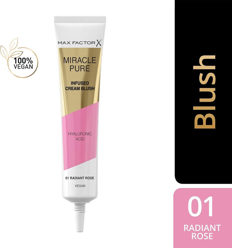 Max Factor Miracle Pure Cream Blush 01 Radiant Rose, Moisturising, Plumps & Hydrates, Buildable Glow, Infused with Hyaluronic Acid & Squalene, Fresh & Healthy Looking Skin, 100% Vegan Max Factor