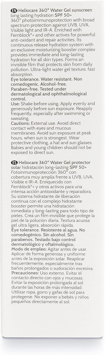 Heliocare 360° Water Gel SPF50+ 50ml / Sun Cream For Face/Daily UVA, UVB Visible light and infrared-A Anti-Ageing Sunscreen Protection/Dry and Normal Skin Types/Hydrating Greenwize