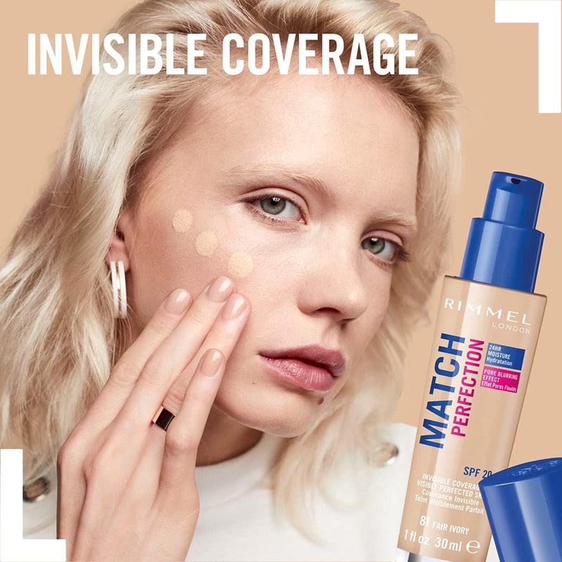 Rimmel Match Perfection Foundation 400 Natural Beige, Medium Coverage, 24hr Hydration, No Caking or Creasing, Lightweight, Reduces Imperfections, Invisible Coverage, SPF20, Cruelty Free Rimmel