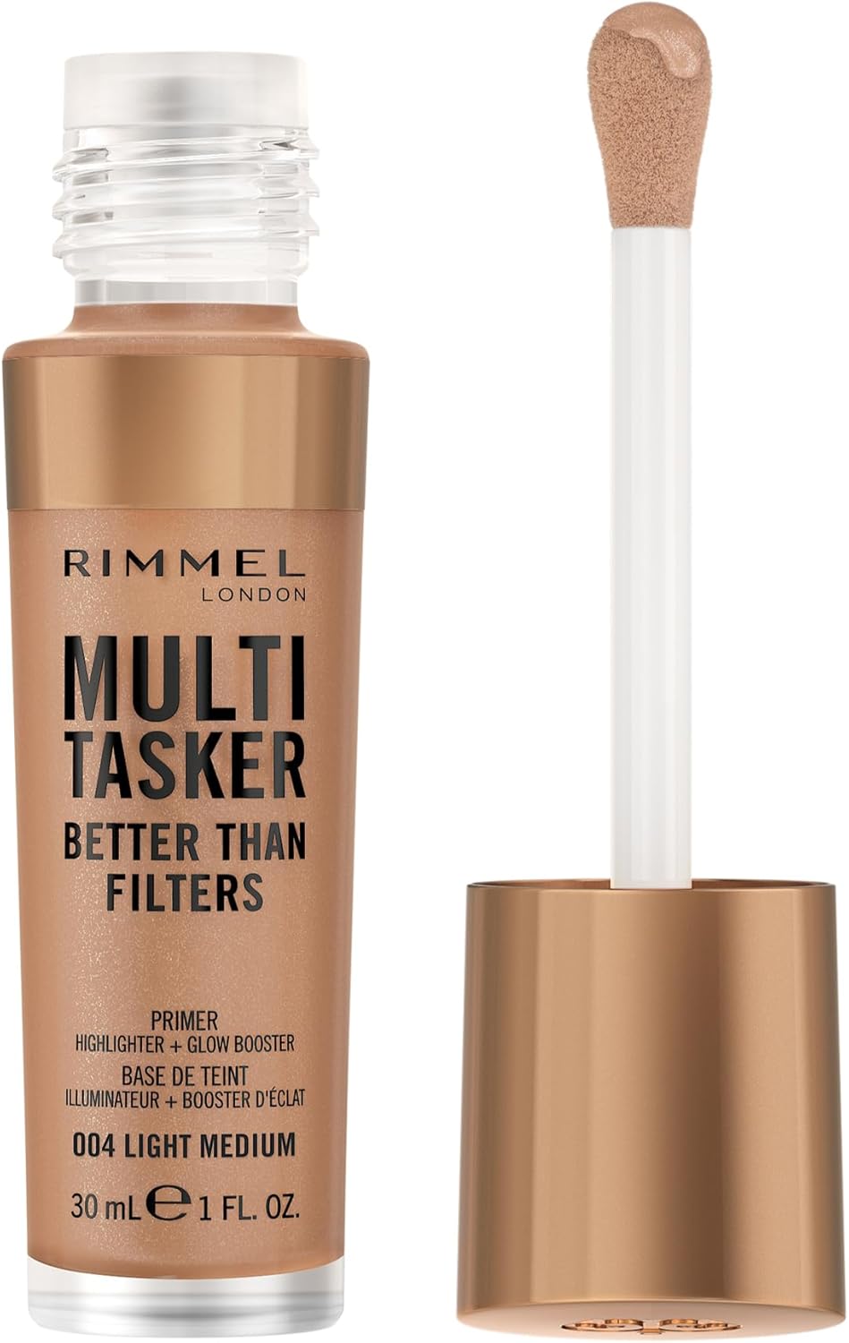 Rimmel Multi Tasker Better Than Filters, 004 Light Medium, 3 in 1 Face Primer, Glow Booster and Highlighter, Flawless Finish, Infused with Vitamin C and E, Maxi Soft Applicator, Vegan, 30ml Rimmel