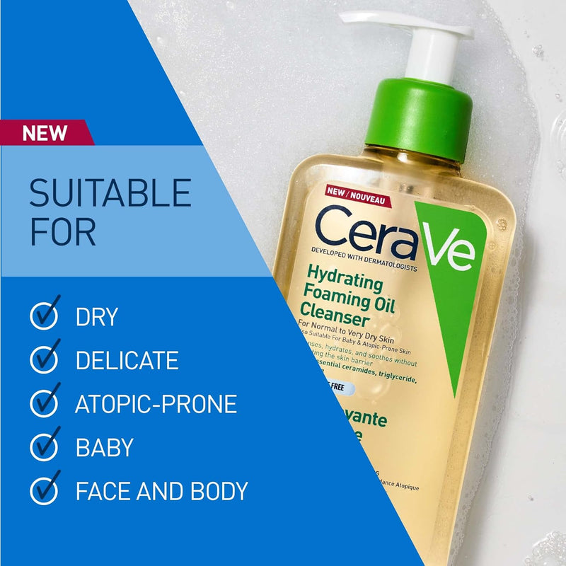 CeraVe Hydrating Foaming Oil Cleanser for Normal to Very Dry Skin with Squalane, Triglyceride and 3 Essential Ceramides, For Face and Body CeraVe