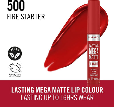 Rimmel London Lasting Mega Matte Liquid Lipstick, Long-Lasting, Hydrating, Vegan Formula - 500 - Fire Starter, 7.4ml Rimmel