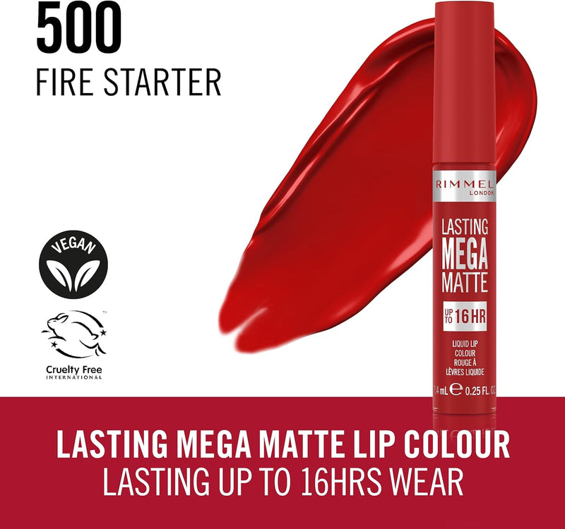 Rimmel London Lasting Mega Matte Liquid Lipstick, Long-Lasting, Hydrating, Vegan Formula - 500 - Fire Starter, 7.4ml Rimmel