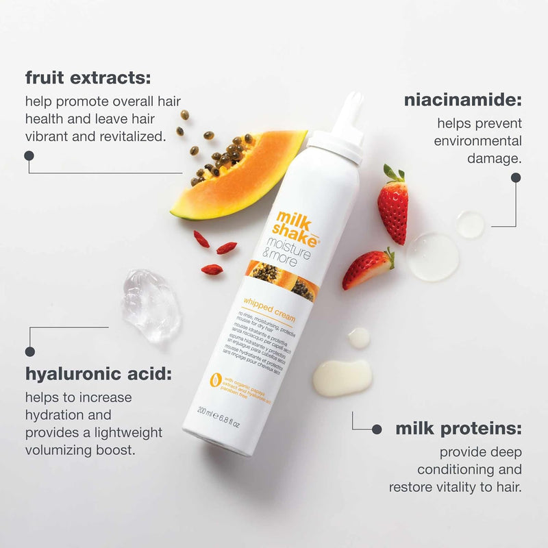 milk_shake | Moisture & More Whipped Cream 200 ml, No Rinse, Moisturising, Protective Mousse for Dry Hair, Made in Italy milk_shake