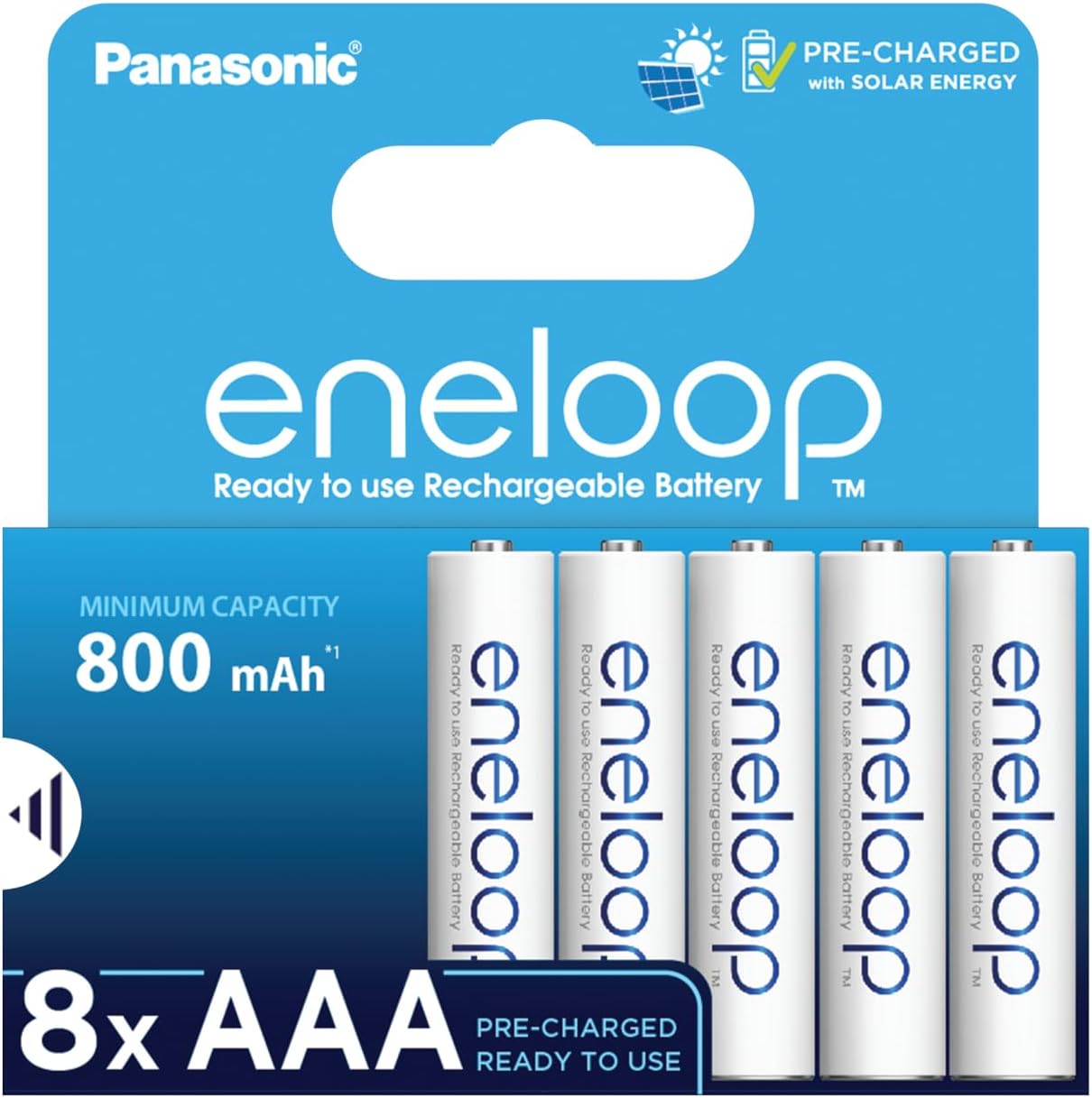 eneloop, AAA/Micro, Rechargeable Battery, Pack of 8, Capacity of 800 mAh, Ready-to-Use Ni-MH Batteries, 2000 Recharge Cycles, Plastic Free Packaging, Standard, White Greenwize