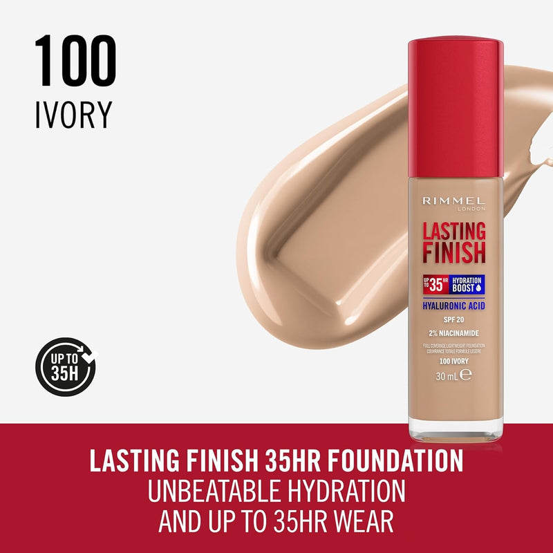 Rimmel Lasting Finish 35Hr Foundation 100 Ivory, Full Coverage, Hydrating, SPF20, Hyaluronic Acid, Vitamin E, 2% Niacinamide, All Day Wear, Vegan, Cruelty Free Rimmel