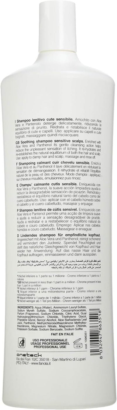 Fanola Sensitive Scalp Shampoo, Gently Cleansing Shampoo to Reduce Itching, Hydrate and Restore Balance of Hair and Scalp, Filled with Aloe Vera and Panthenol, SLES Free, 1000 Greenwize