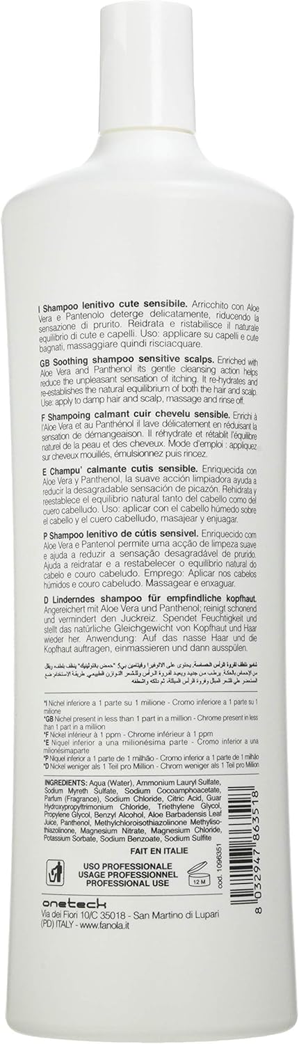 Fanola Sensitive Scalp Shampoo, Gently Cleansing Shampoo to Reduce Itching, Hydrate and Restore Balance of Hair and Scalp, Filled with Aloe Vera and Panthenol, SLES Free, 1000 Greenwize