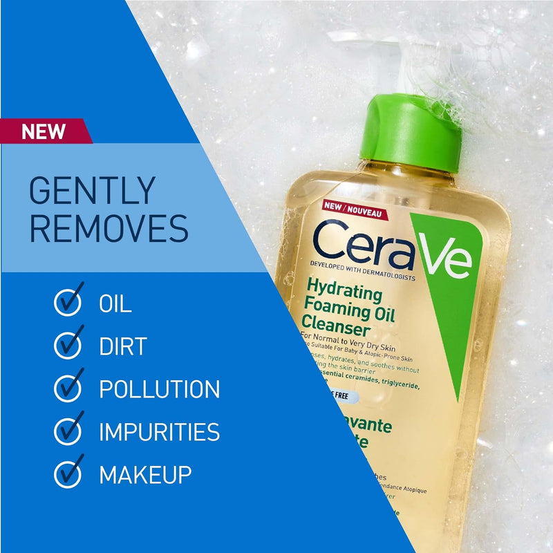 CeraVe Hydrating Foaming Oil Cleanser for Normal to Very Dry Skin with Squalane, Triglyceride and 3 Essential Ceramides, For Face and Body CeraVe