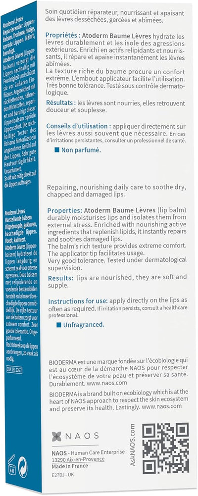 Bioderma Atoderm Baume Lèvres Ultra Moisturising Lip Balm Moisturiser for Dry and Chapped Lips 15ml Greenwize