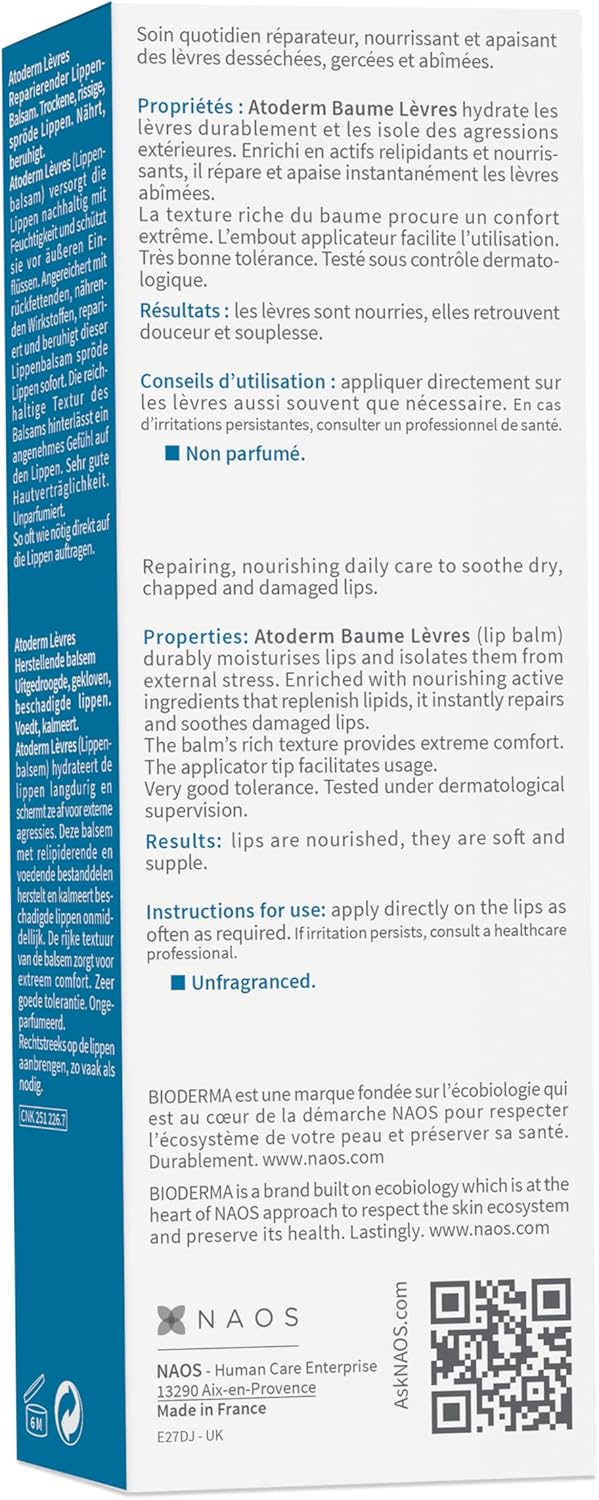 Bioderma Atoderm Baume Lèvres Ultra Moisturising Lip Balm Moisturiser for Dry and Chapped Lips 15ml Greenwize