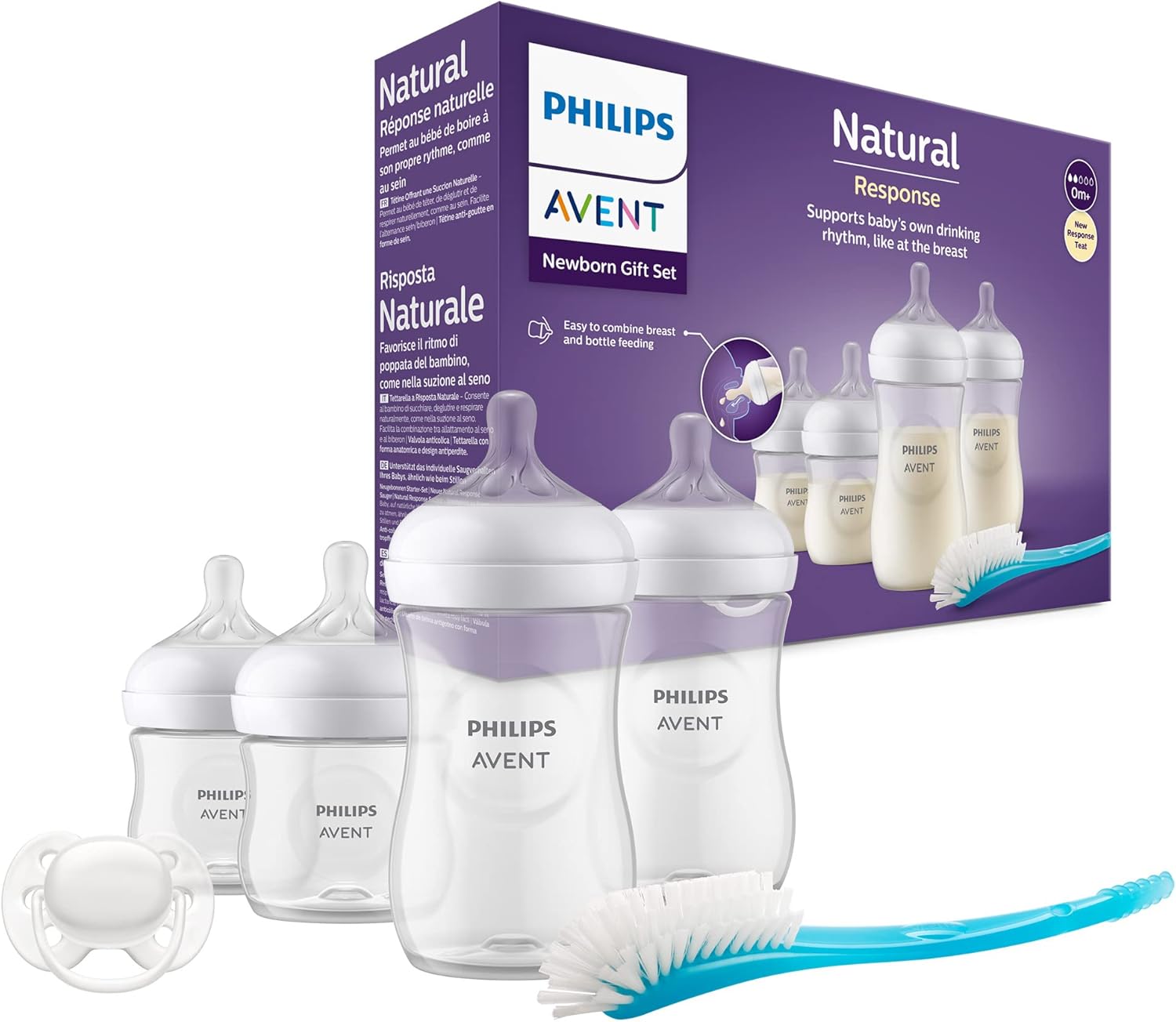 Philips Avent Baby Bottle Newborn Gift Set - 4 Baby Milk Bottles, Ultra-Soft Pacifier and Bottle Brush, Babies Aged 0-12 Months+ (Model SCD838/11) Philips Avent